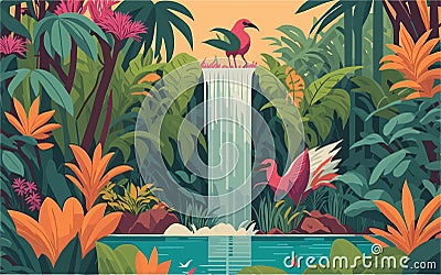 vector styled background illustration showcasing a hidden oasis within a tropical jungle, with a serene waterfall Vector Illustration