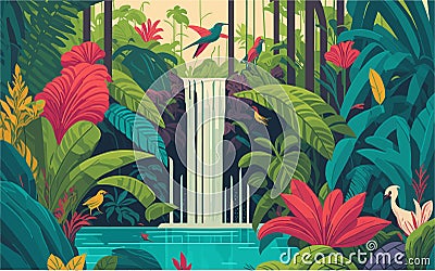 vector styled background illustration showcasing a hidden oasis within a tropical jungle, with a serene waterfall Vector Illustration