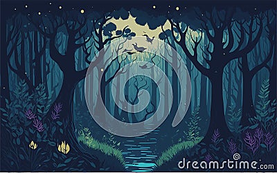 vector styled background illustration showcasing a serene and mystical forest at night, with moonlight filtering through Vector Illustration