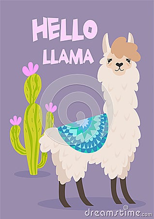 Vector stylish cartoon lama with ornament design and cactus. Hello llama poster. Stock Photo