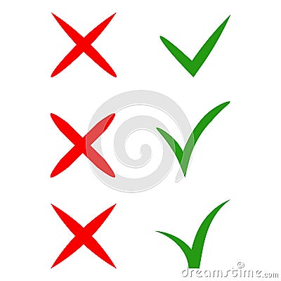 Vector stylish check marks set. Green tick and red cross in different shapes. YES or NO accept and decline symbol. Vector icons Vector Illustration