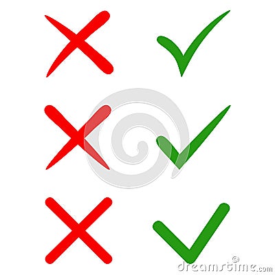 Vector stylish check marks set. Green tick and red cross in different shapes. YES or NO accept and decline symbol. Vector icons Vector Illustration