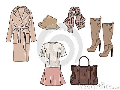 Vector stylish fashion set of woman`s autumn, spring or winter clothes and accessories. Casual colorful outfit with dress, coat, Vector Illustration