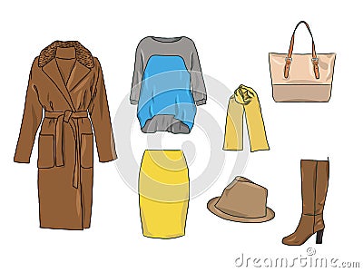 Vector stylish fashion set of woman`s autumn, spring or winter clothes and accessories. Casual colorful outfit with jumper, skirt Vector Illustration