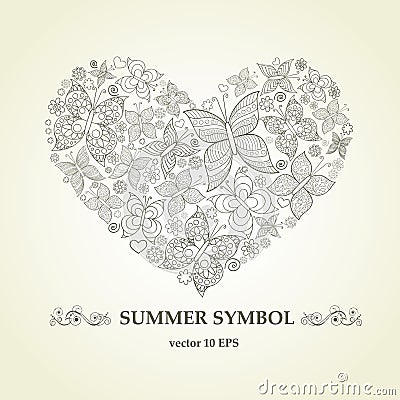 Vector stylized heart from butterflies and flowers. Summer symbol Vector Illustration