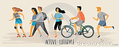 Vector stylized illustration of active young people. Healthy lifestyle. Vector Illustration