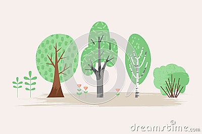 Vector stylized illustration of plant. Trees, bush, grass, flowers. Vector Illustration