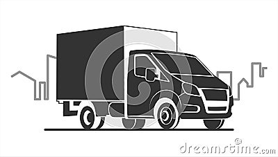 Vector stylized lorry on the background of the city, the contour of the buildings, the line of the urban landscape, three quarters Stock Photo