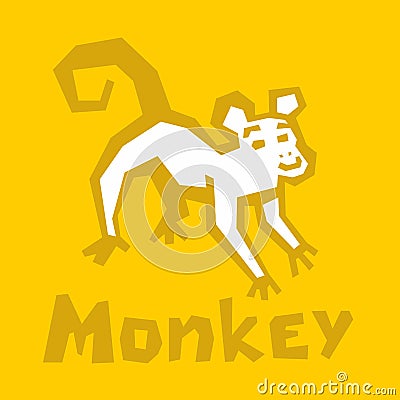 Vector stylized Monkey illustration Isolated on yellow background. Cute playful monkey icon. Brutal modern style. White icon, Cartoon Illustration