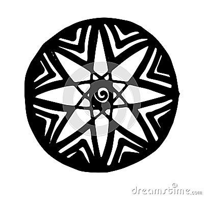 Vector stylized multipath star in a circle with a triangle pattern, hand-drawn in sketch style simple mandala with a spiral inside Vector Illustration
