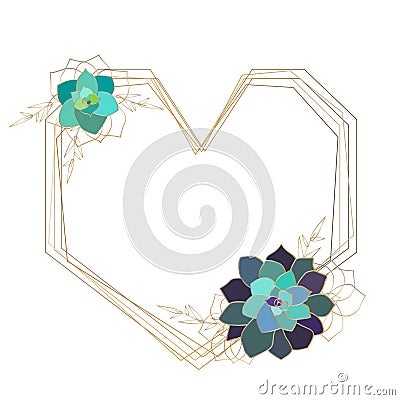 Vector succulent geometric frame,template, heart. Gold colored elements Vector Illustration
