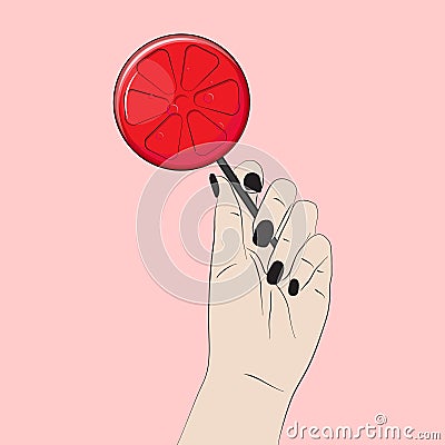 Vector sugar circle lollipop. Hand holding red sweets on stick isolated on pink background. Human arm. Woman with lollypop concep Vector Illustration