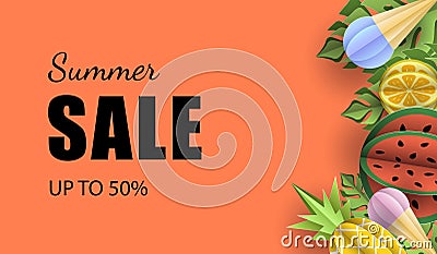 Vector summer background banner 3d paper cut with, ice cream. Fruit pineapple and watermelon. Flyer for advertising sale Stock Photo