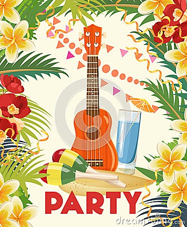 Vector Summer Beach Party Flyer Design with typographic and music elements on ocean landscape background. Vector Illustration