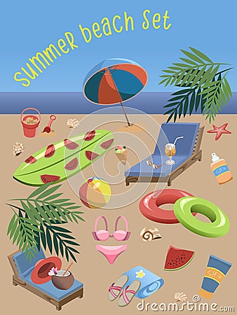 Vector summer beach set. Various items for seaside vacation, all objects are isolated and editable Vector Illustration