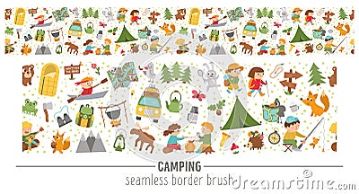 Vector summer camp seamless pattern brush. Camping, hiking, fishing equipment horizontal border with cute kids and forest animals Vector Illustration