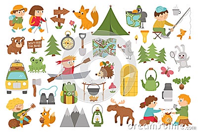 Vector summer camp set. Camping, hiking, fishing equipment collection with cute kids and forest animals. Outdoor nature tourism Vector Illustration