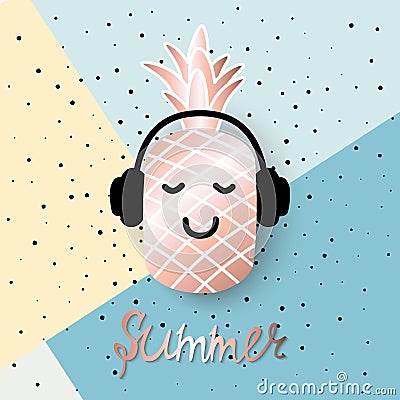 Vector summer card with rose gold pineapple in headphones. Trendy illustration in pastels colors on patchwork background. Element Vector Illustration