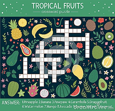 Vector summer crossword puzzle for kids. Quiz with tropical fruits for children. Educational jungle activity with cute food Vector Illustration