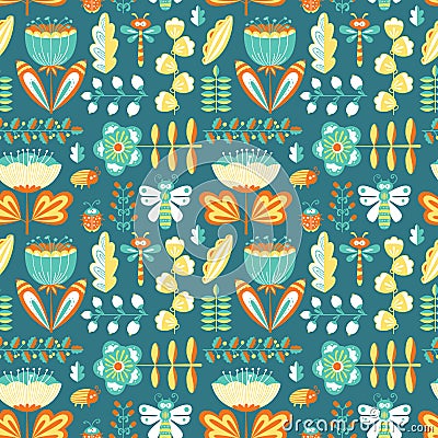 Vector summer decorative seamless background with flowers, bugs Vector Illustration