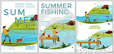 Vector summer fishing posters set - man with dog Vector Illustration