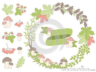 Vector Summer Forest Set with Wreath, Mushrooms, Leaves and Berries Vector Illustration