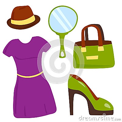 Vector summer girl clothing and accessories isolated shopping items and beautiful cloth. Vector Illustration