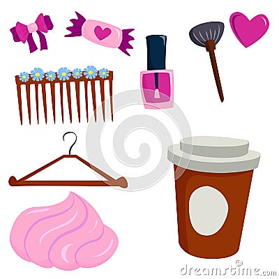 Vector summer girl clothing and accessories isolated shopping items and beautiful cosmetic or makeup. Vector Illustration