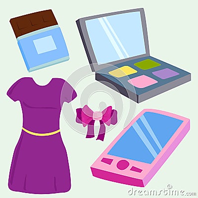 Vector summer girl clothing and accessories isolated shopping items and beautiful cosmetic or makeup. Vector Illustration
