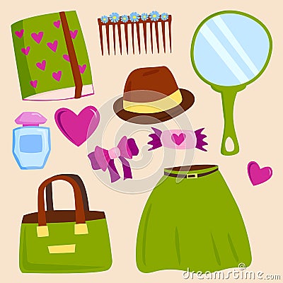 Vector summer girl clothing and accessories isolated shopping items and beautiful cosmetic or makeup. Vector Illustration