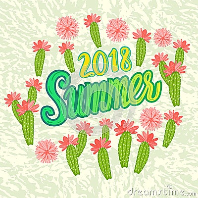Vector Summer 2018 inscription with trend leaves isolated on black background. Vector Illustration