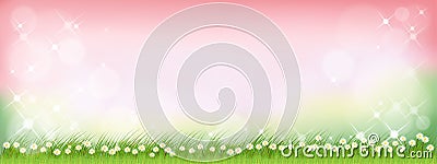 Vector summer nature background with cute tiny daisy flowers and green grass fields. Spring background with abstract blurry bokeh Vector Illustration