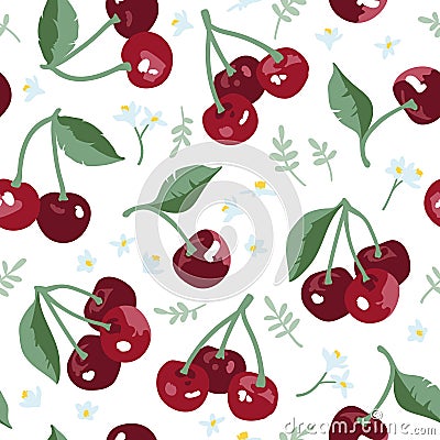 Vector summer pattern with sweet cherries, flowers and leaves. Seamless texture design. Vector Illustration
