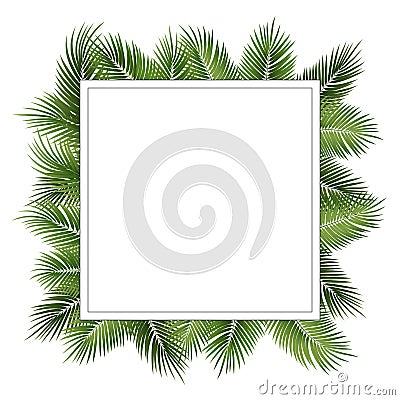 Vector summer poster framed with green palm leaves on white background. Vector Illustration