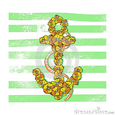 Vector Summer Print Anchor with Flowers Vector Illustration