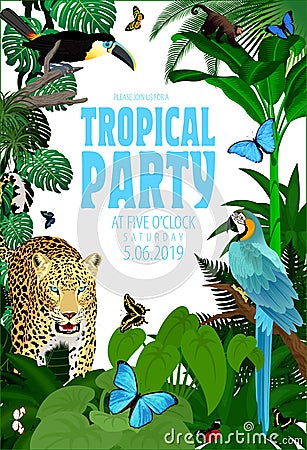 Vector Summer Rainforest Jungle Tropical Beach Party Flyer Design Card with Toucan, macaw, jaguar Vector Illustration