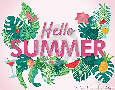 Vector summer sale lettering concept tropical. Hello summer tropical floral concept. Flower background. Stock Photo