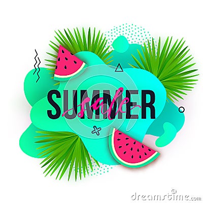 Vector Summer sale trendy banners. Modern backgrounds with liquid fluid elements, watermelons, tropical palm leaves Vector Illustration