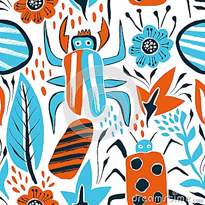 Vector Summer Seamless Pattern with Bugs and Leaves Vector Illustration