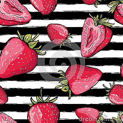 Vector summer seamless pattern. Red strawberries on black and white Vector Illustration