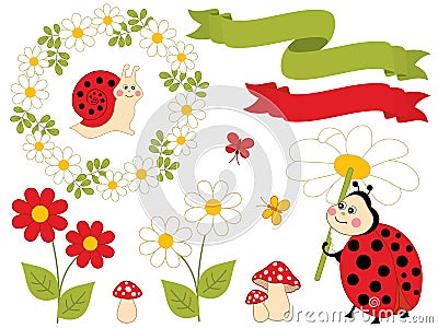 Vector Summer Set with Cute Cartoon Insects and Flowers Vector Illustration