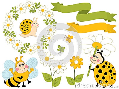 Vector Summer Set with Cute Cartoon Insects and Flowers Vector Illustration