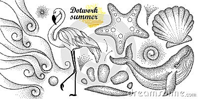 Vector summer set in dotwork style. Dotted whale, flamingo, waves, seashell, starfish, pebble, swirl in black isolated on white. Vector Illustration