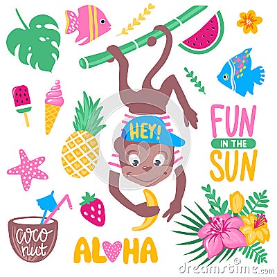 Vector summer set with funny monkey, tropical leaves and flowers Vector Illustration