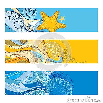 Vector summer set with horizontal banner in dotwork style. Abstract dotted waves, seashell, starfish, pebble, swirls isolated. Vector Illustration