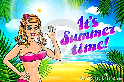 Vector summer time lettering and Woman on of the Sea Beach and Takes Sunbath. Bikini gir. pinup vintage poster Vector Illustration