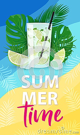 Vector summer time poster with mojito cocktail. Vector Illustration