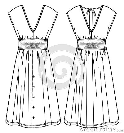 woman midi dress with smocked waist technical drawing Vector Illustration