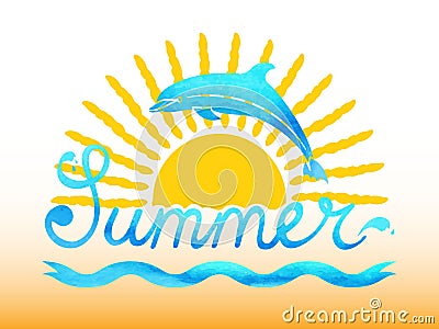 Vector summer watercolor illustration with sun and dolphin. Vector Illustration