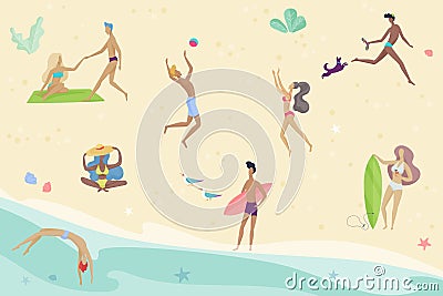 Vector summertime cartoon illustration. People activities on the beach. Friends enjoing time summer vacation. Vector Illustration